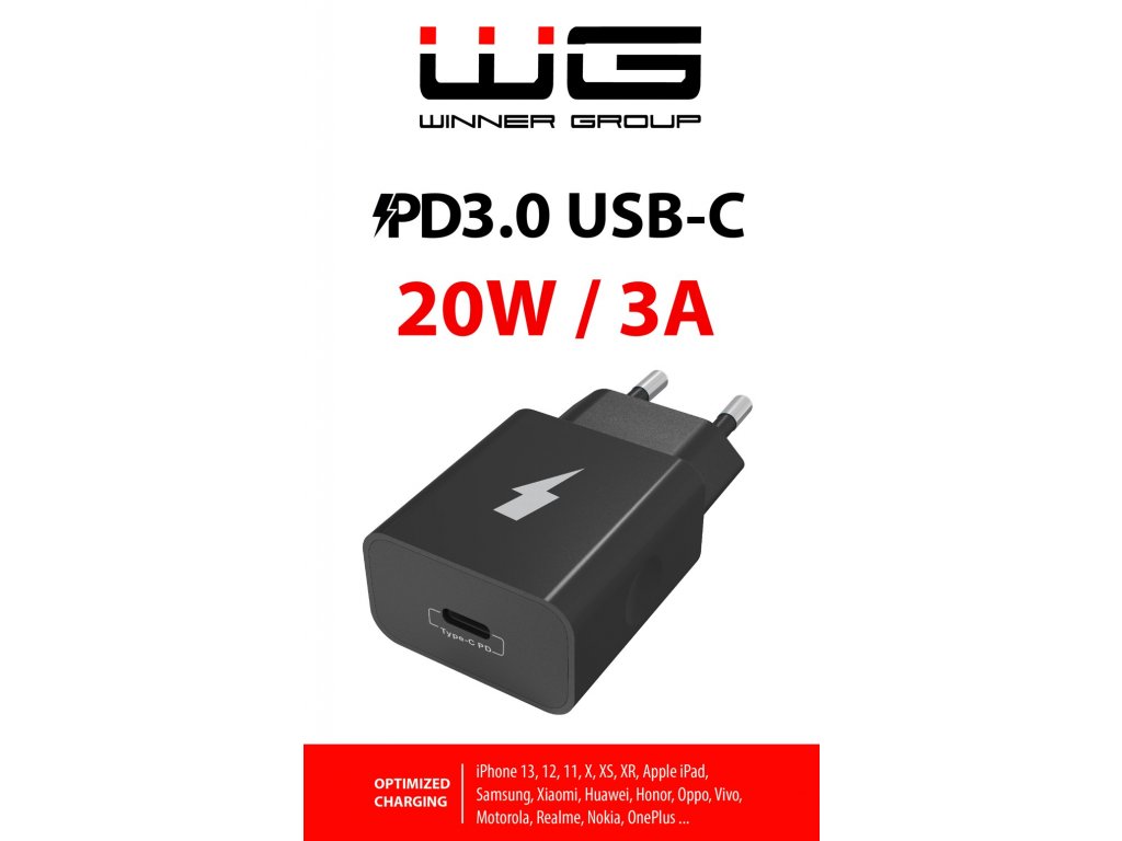 Síťová nabíječka 1xUSB-C-PD 20W 5V-9V-12V (Bez kabelu) (Černá)