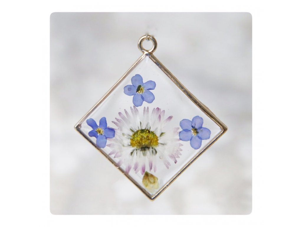Čtvercový stříbrný rámeček s květy pomněnky, sedmikrásky a pupenem střemchy