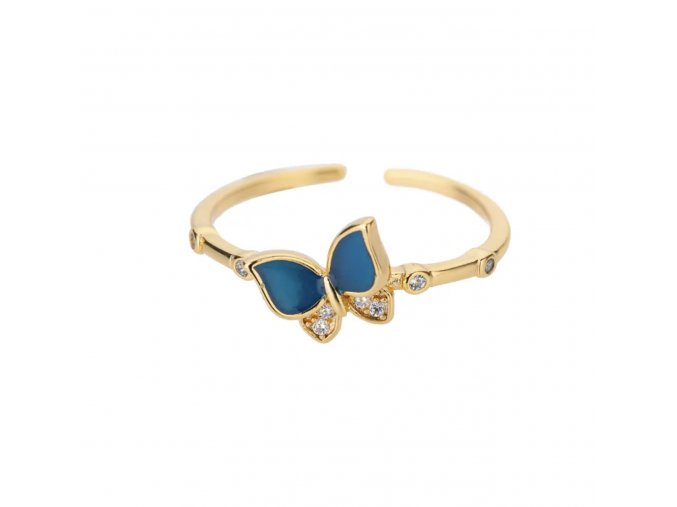Prsten Tyrkysový motýl ve zlaté barvě  nerezová ocel, nastavitelná velikost