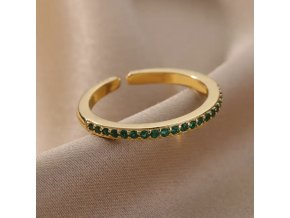 Jemný prstýnek se zelenými kamínky ve zlaté barvě  nerezová ocel, nastavitelná velikost