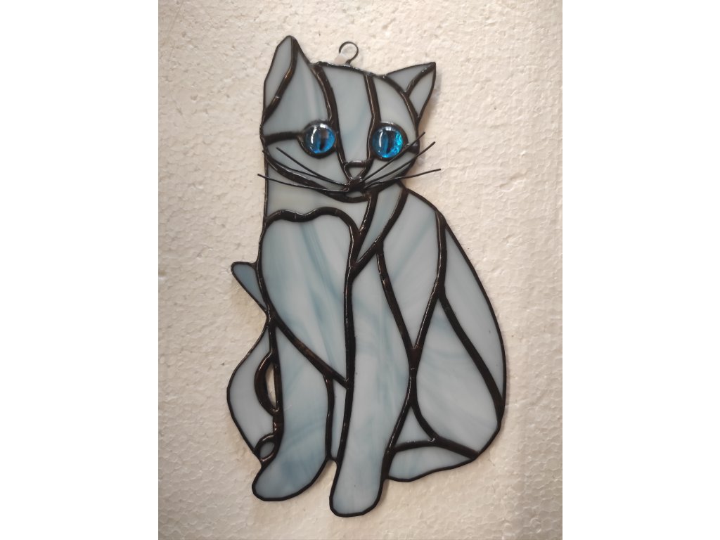 Vitráž sedící kočka modrošedá