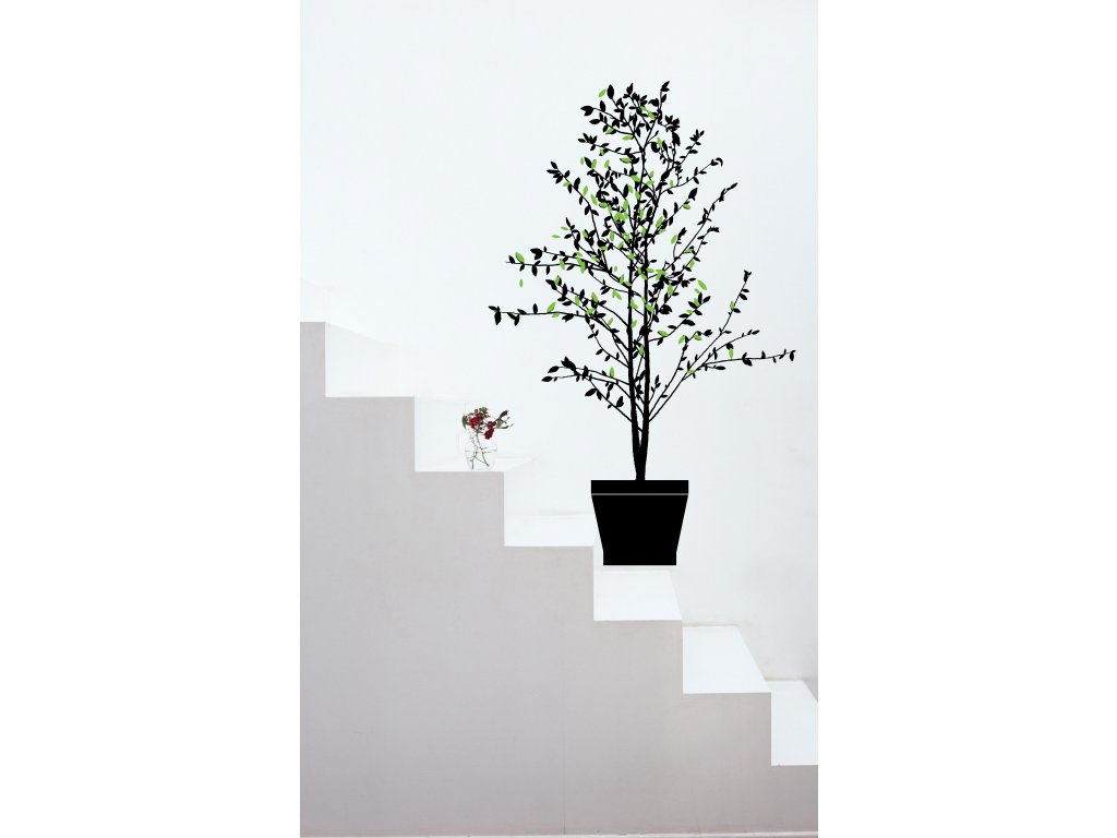 samolepka strom v kvetinaci nalepena na zdi na schodech 01