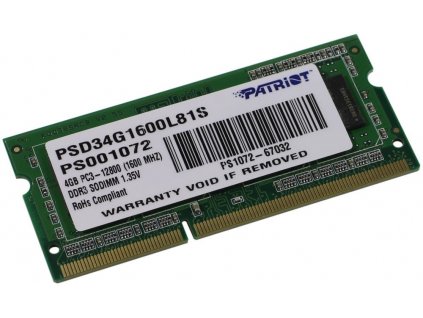 PATRIOT Ultrabook 4GB DDR3 1600MHz SO-DIMM CL11 (PSD34G1600L81S)