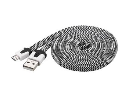 Kabel microUSB 2m, plochý textilní kabel, černo-bílý (ku2m2ft)