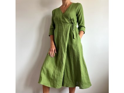 Zavinovací lněné šaty s rukávem - 100% len, gramáž 185g/m2 - Zelená