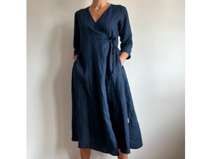 Zavinovací lněné šaty s rukávem - 100% len, gramáž 185g/m2 - Modrá