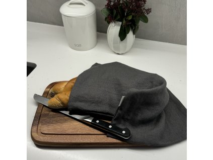 Lněný vak na chleba / sáček na pečivo s koženým poutkem - Grafitově šedá (Graphite Grey)(Black)