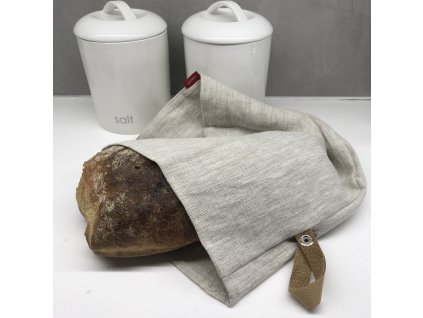 Lněný vak na chleba / sáček na pečivo s koženým poutkem - Přírodní světlý (Oatmeal)