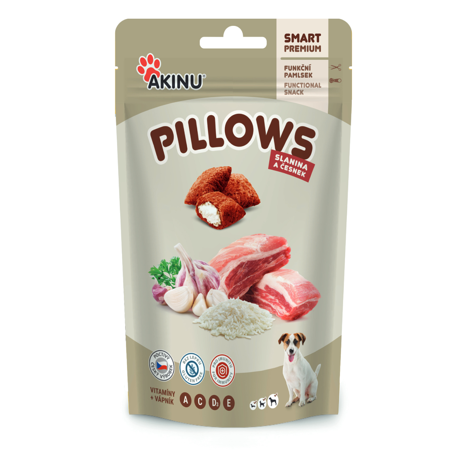 Akinu Pillows polštářky se slaninou a česnekem pro psy 80g Obrázek