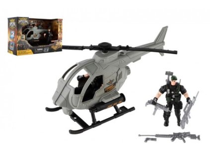 Vrtulník/helikoptéra vojenský s vojákem plast s doplňky v krabici 28x18x12cm