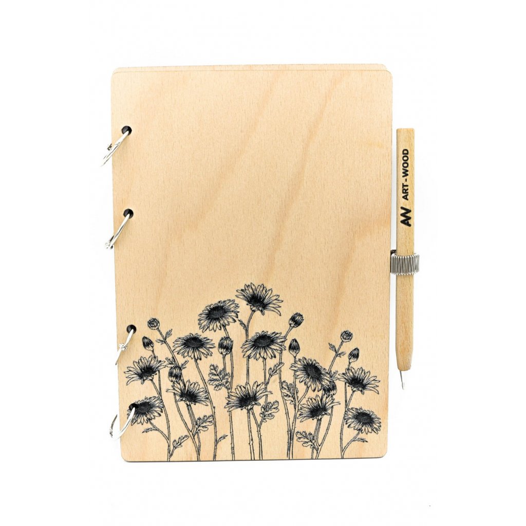 Dřevěný zápisník - květ starček