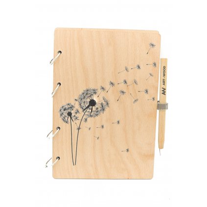 Dřevěný zápisník s věnováním - pampeliška