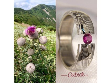 Airpinkir prstýnek damasteel s růžovým turmalínem  Zásnubní designový prsten