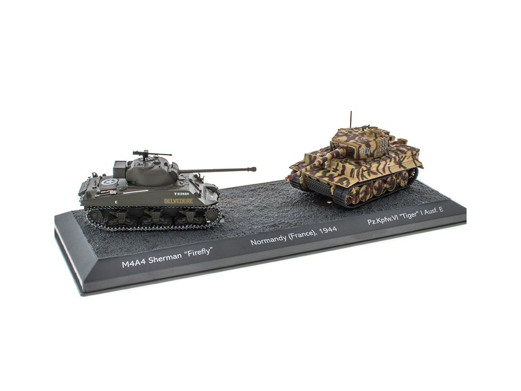 Sada Tanků: Bitva o Normandii M4A4 Sherman - VI Tiger 1:72 časopis se sadou  Set of tanks: The Battle of Normandy France 1944 M4 A4 Sherman Firefly vs Pz.Kpfw. VI Tiger I Ausf. E - World of tanks