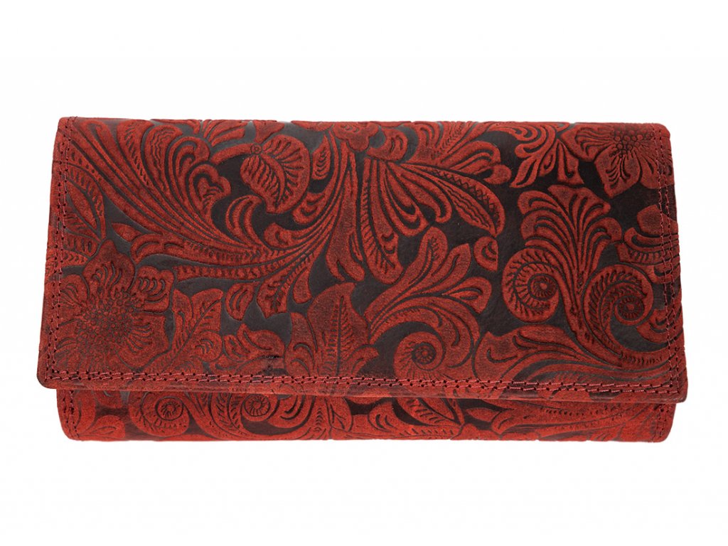 Kožená dámska veľká peňaženka WILD By Loranzo - červená - ornamenty