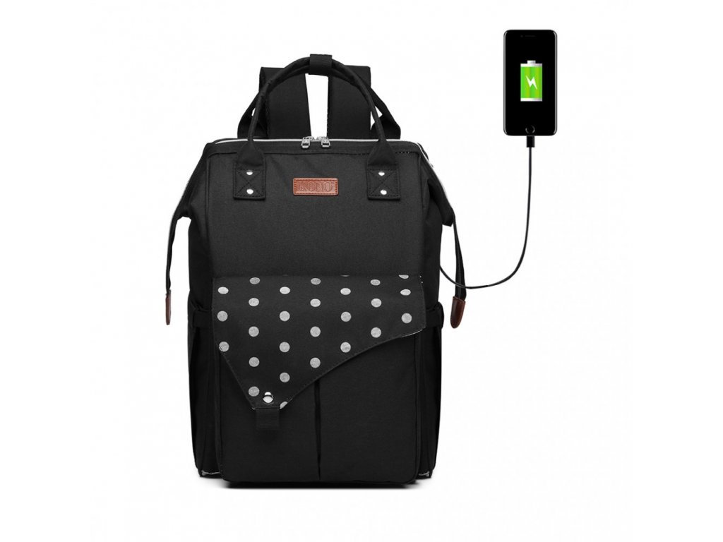 Prebaľovací batoh na kočík Polka s USB portom - čierny bodkovaný