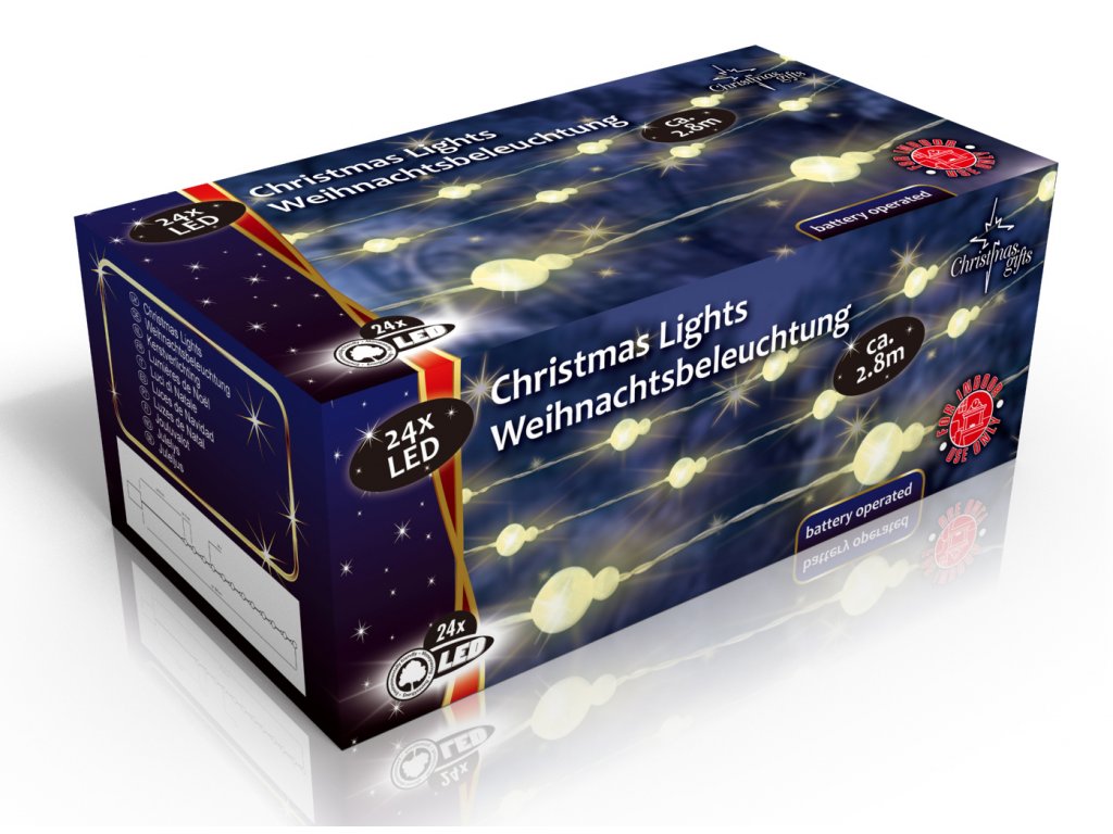 Vánoční vnitřní světelný řetěz 24x LED sněhové koule, na baterie 3x AA, délka 2.8 m
