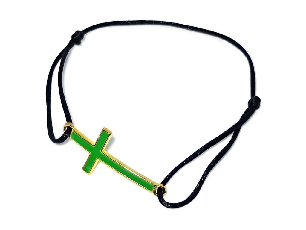 Šňůrkový náramek zelený kříž ve zlaté barvě