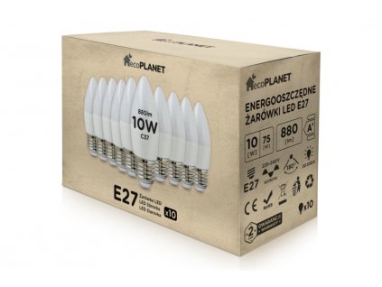 10x LED žiarovka - ecoPLANET - E27 - 10W - sviečka - 880Lm - studená biela
