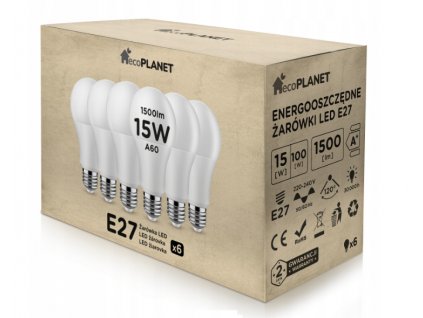 6x LED žiarovka ecoPLANET - E27 - A60 - 15W - 1500Lm - neutrálna biela