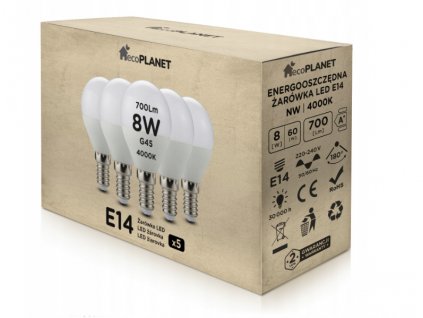 5x LED žiarovka E14 - G45 - 8W - 700lm - neutrálna biela