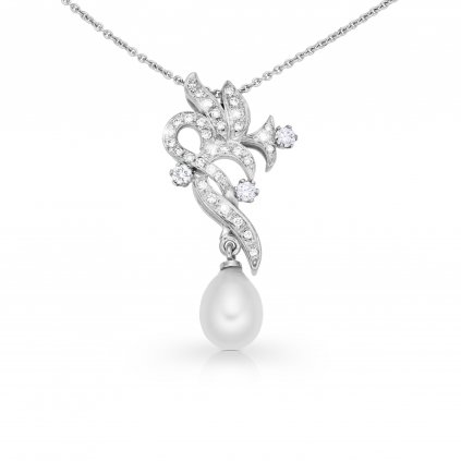 Náhrdelník Melania z bílého zlata s diamanty a perlou