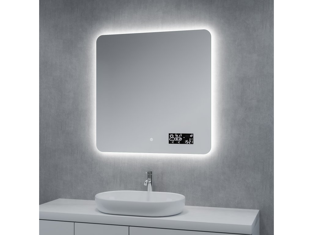 5685 koupelnove zrcadlo 80x80 cm s osvetlenim casem a ikonami pocasi na smart wifi panelu