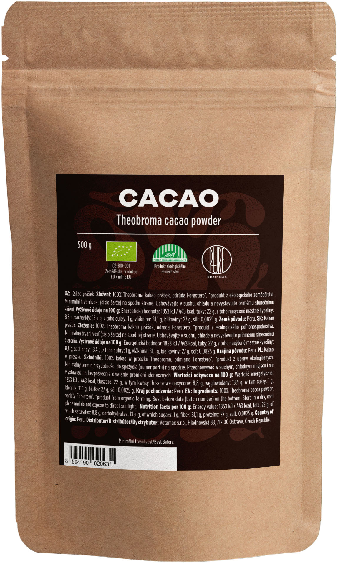 BrainMax Pure Cacao, Bio Kakao z Peru, 500 g Obrázek