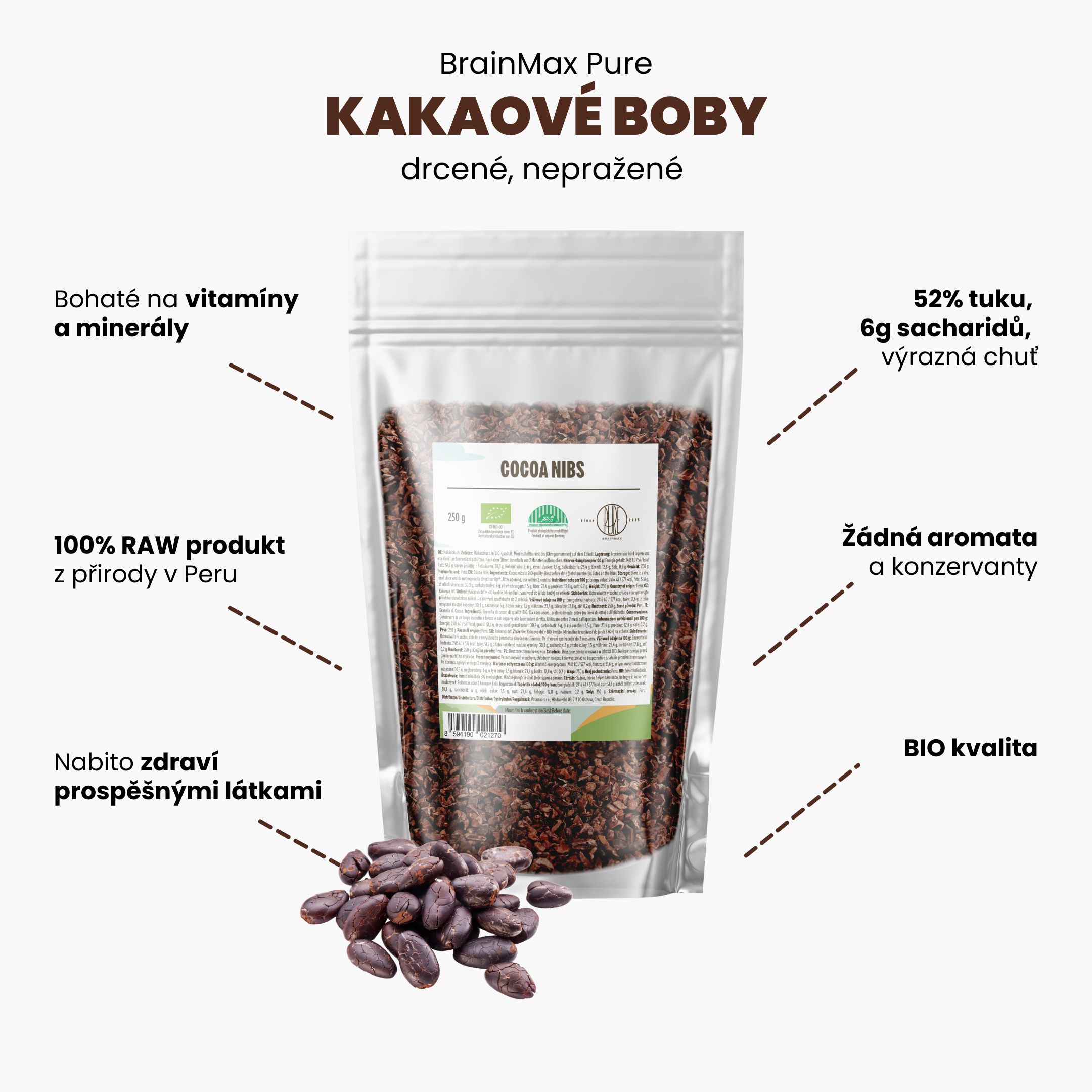 BrainMax Pure Drcené Kakaové Boby, Nepražené, RAW, BIO, 250 g Obrázek