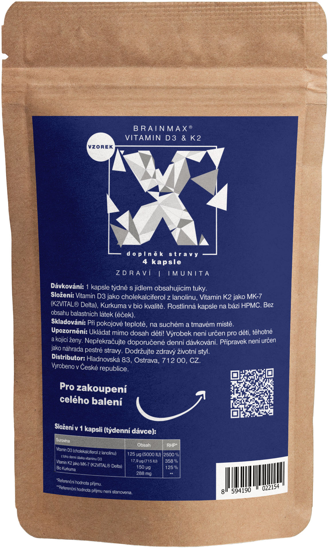 BrainMax Vitamin D3 & K2, D3 5000 IU / K2 jako MK7 150 mcg, vzorek, 4 kapsle Obrázek