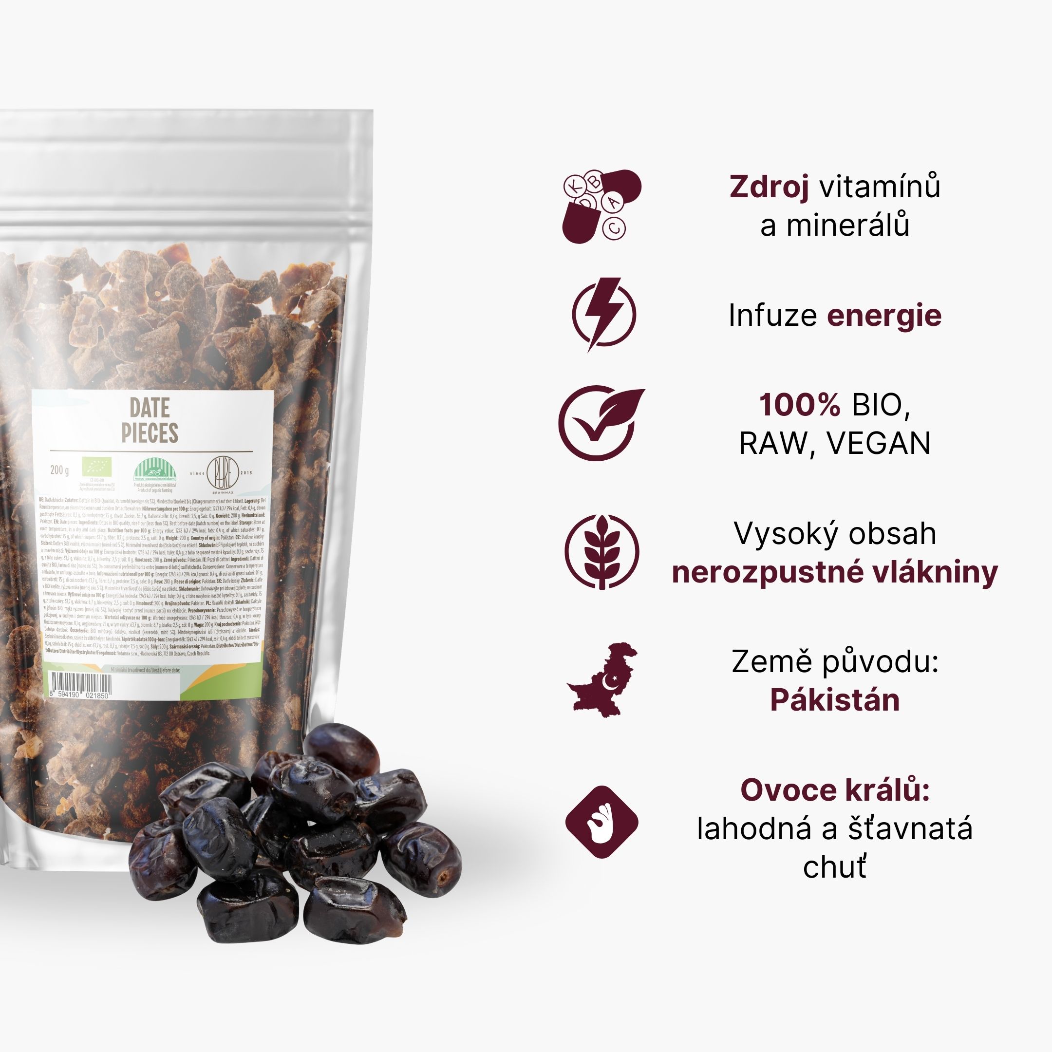 BrainMax Pure Datle sušené kousky BIO, 200 g Obrázek