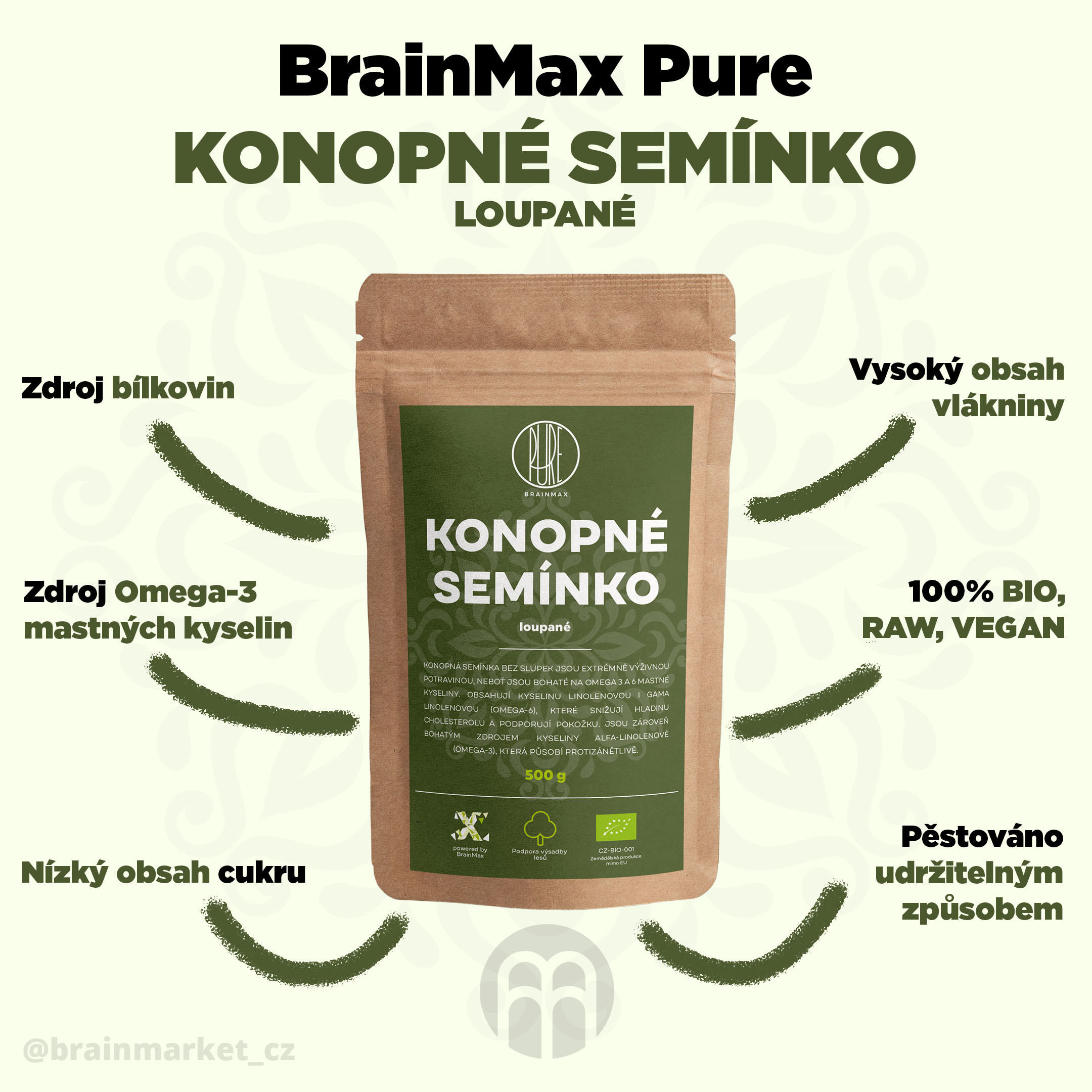 BrainMax Pure Konopné semínko, loupané BIO, 500g Obrázek