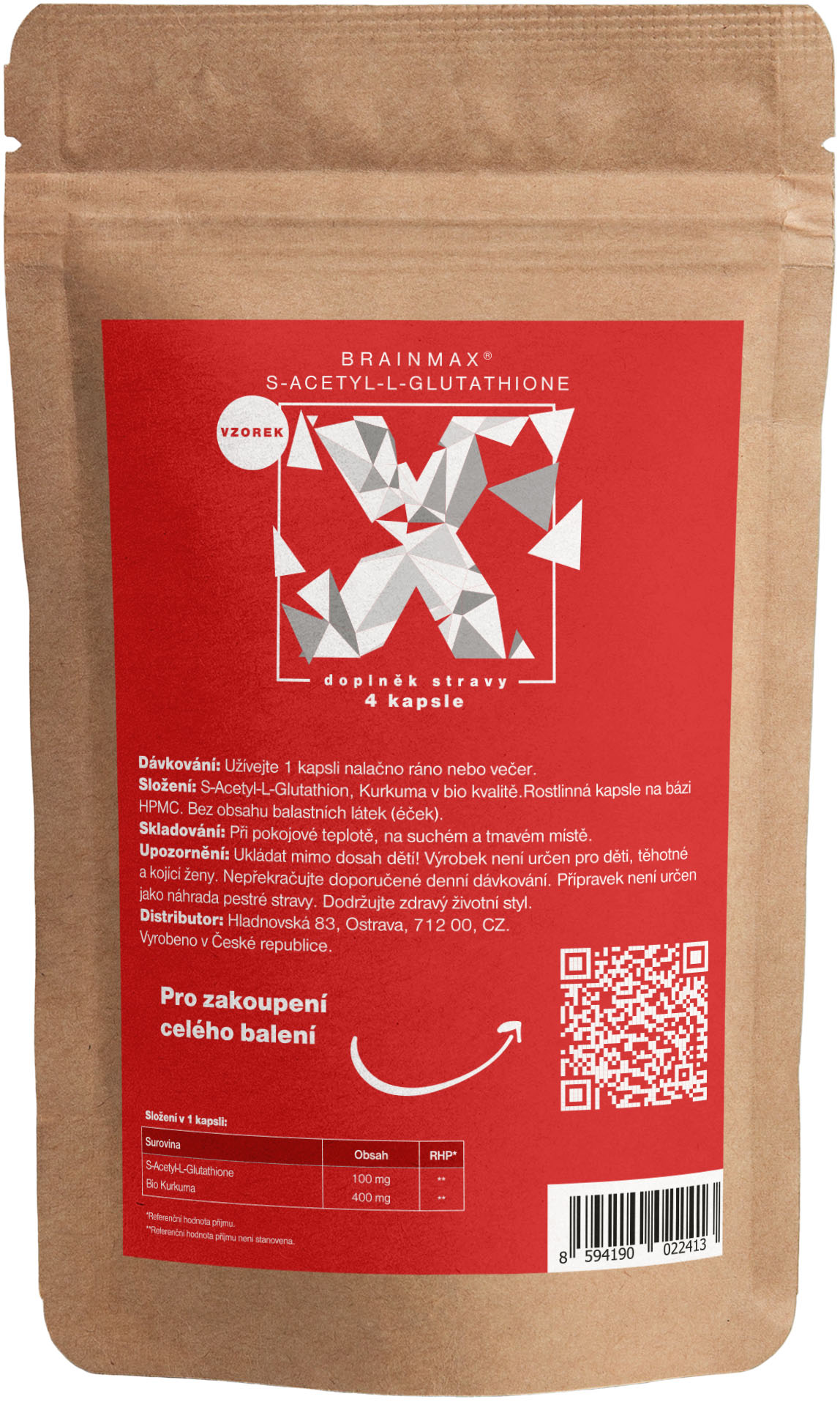 BrainMax S-Acetyl-L-Glutathione, SAG, 100 mg VZOREK, 4 rostlinné kapsle Obrázek