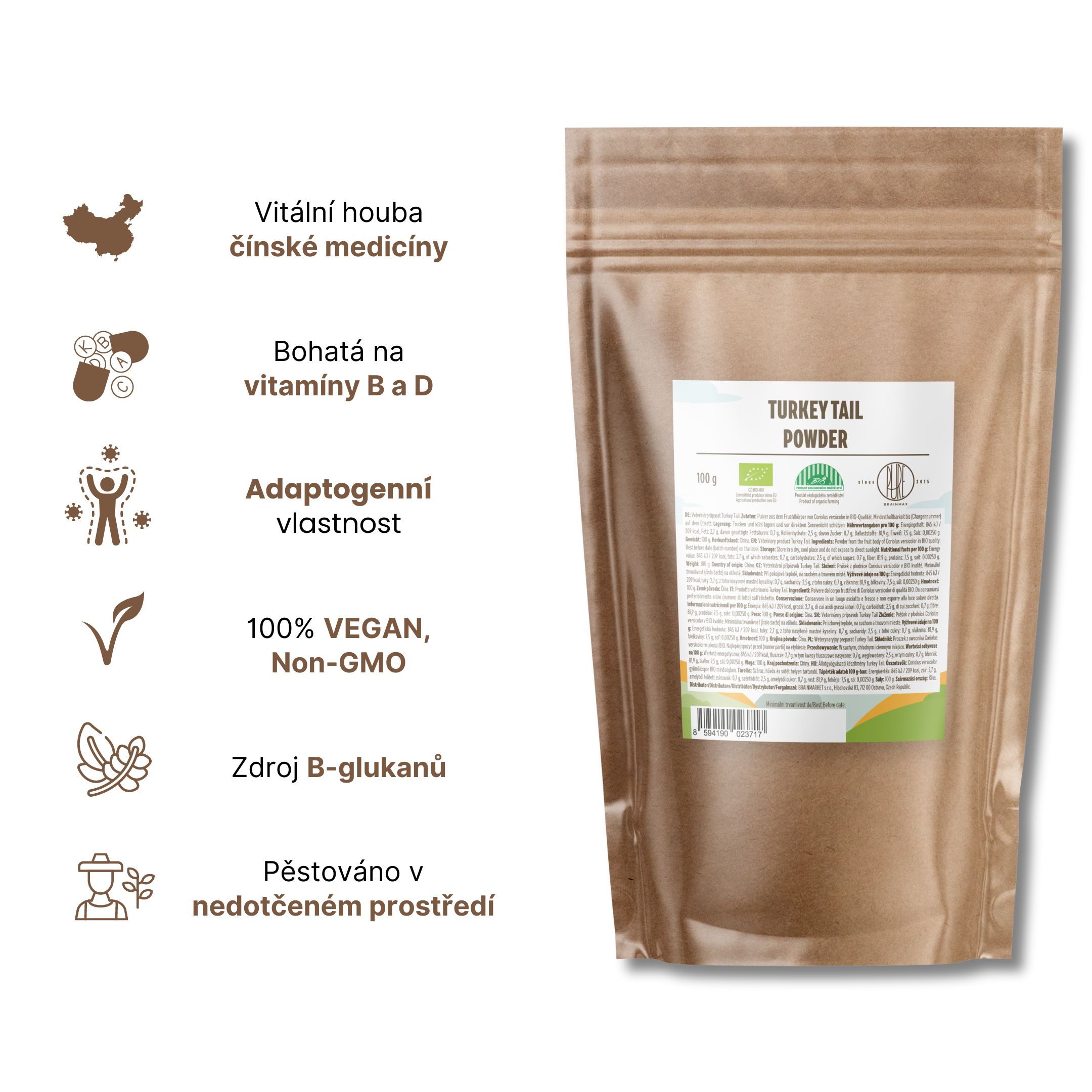 BrainMax Pure Turkey Tail (Coriolus) prášek, BIO, 100g Obrázek