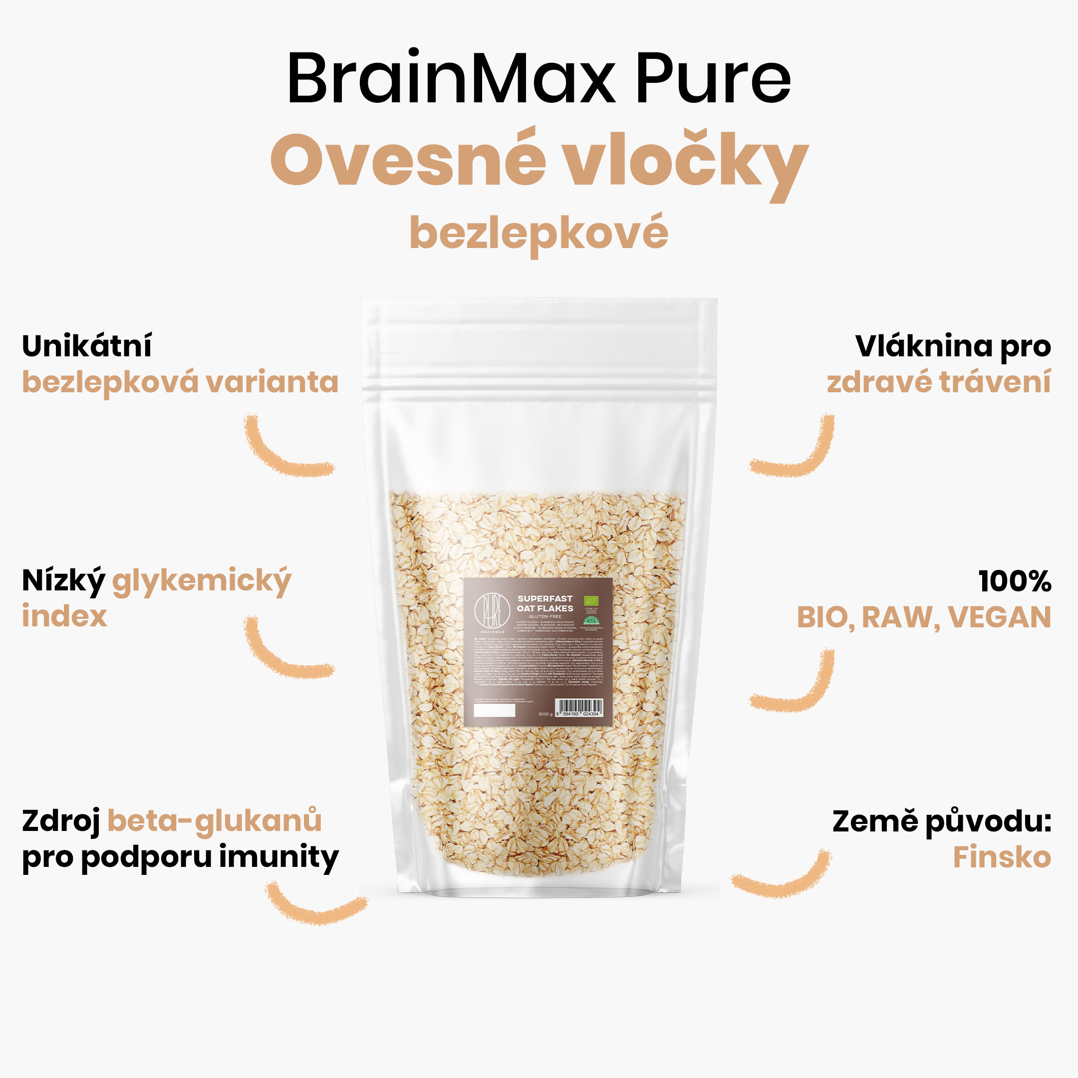 BrainMax Pure Superfast Ovesné Vločky, bezlepkové BIO, 1 kg Obrázek
