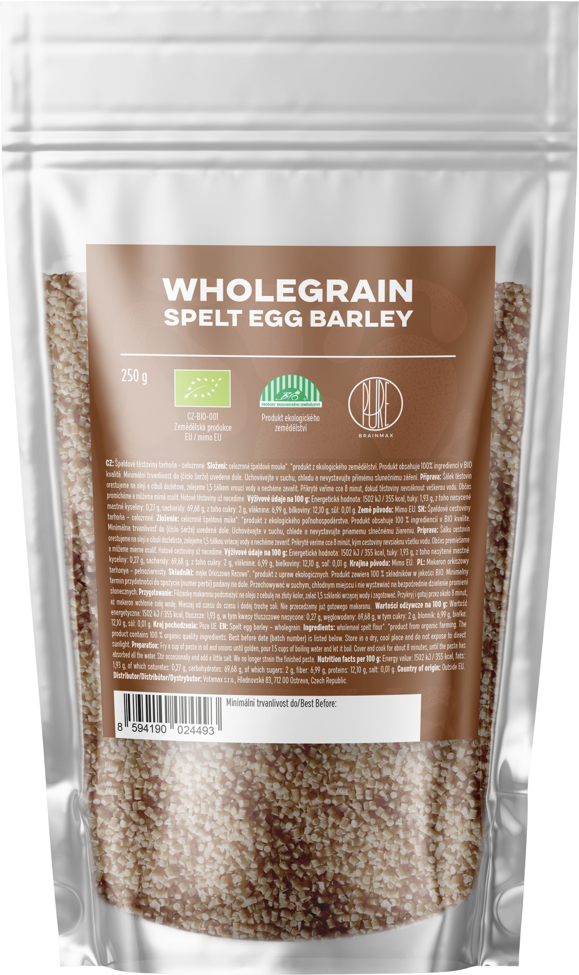 BrainMax Pure Špaldové celozrnné těstoviny, tarhoňa, BIO, 250 g Obrázek