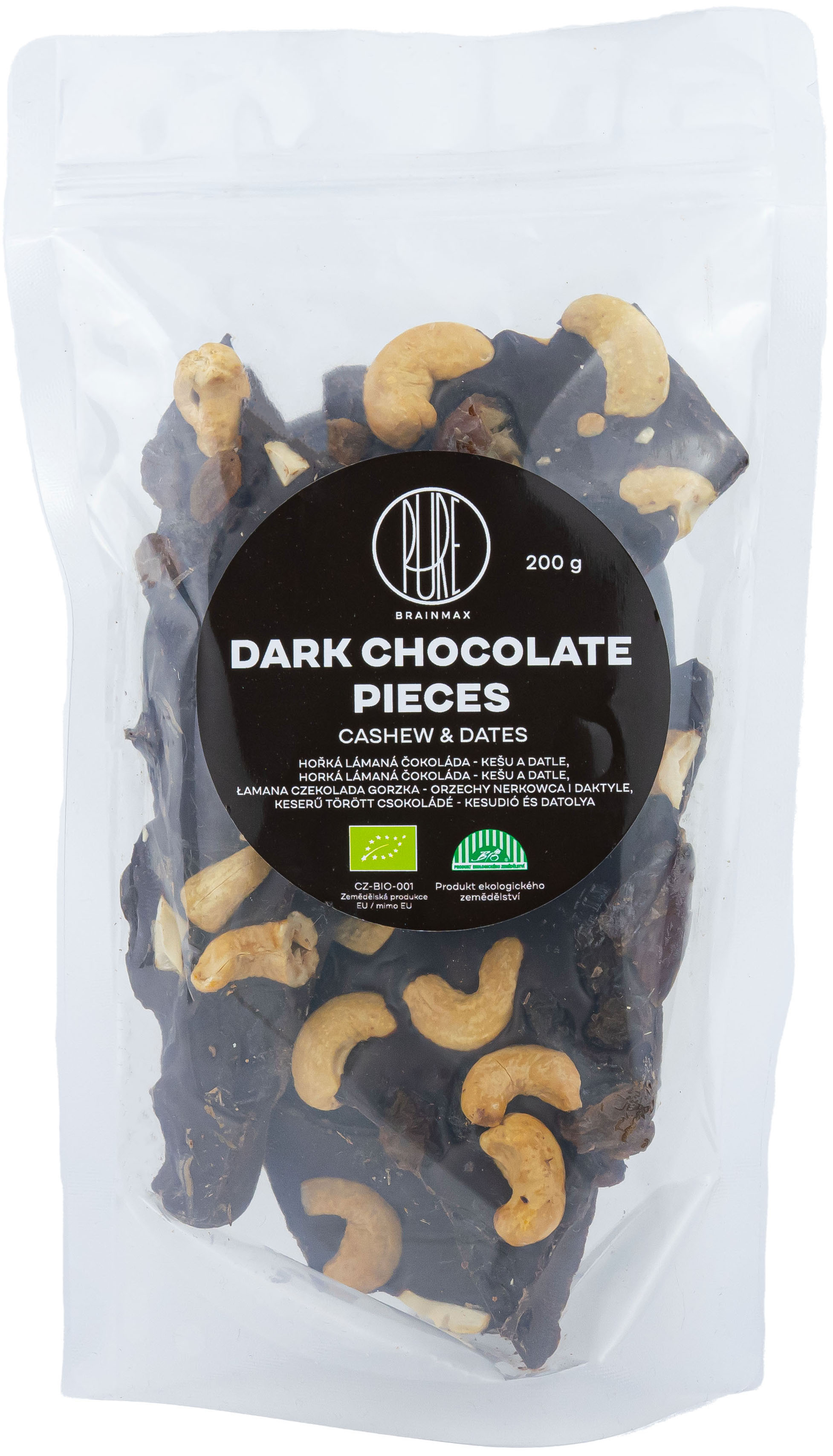 BrainMax Pure Lámaná čokoláda hořká, kešu a datle, BIO, 125 g Obrázek