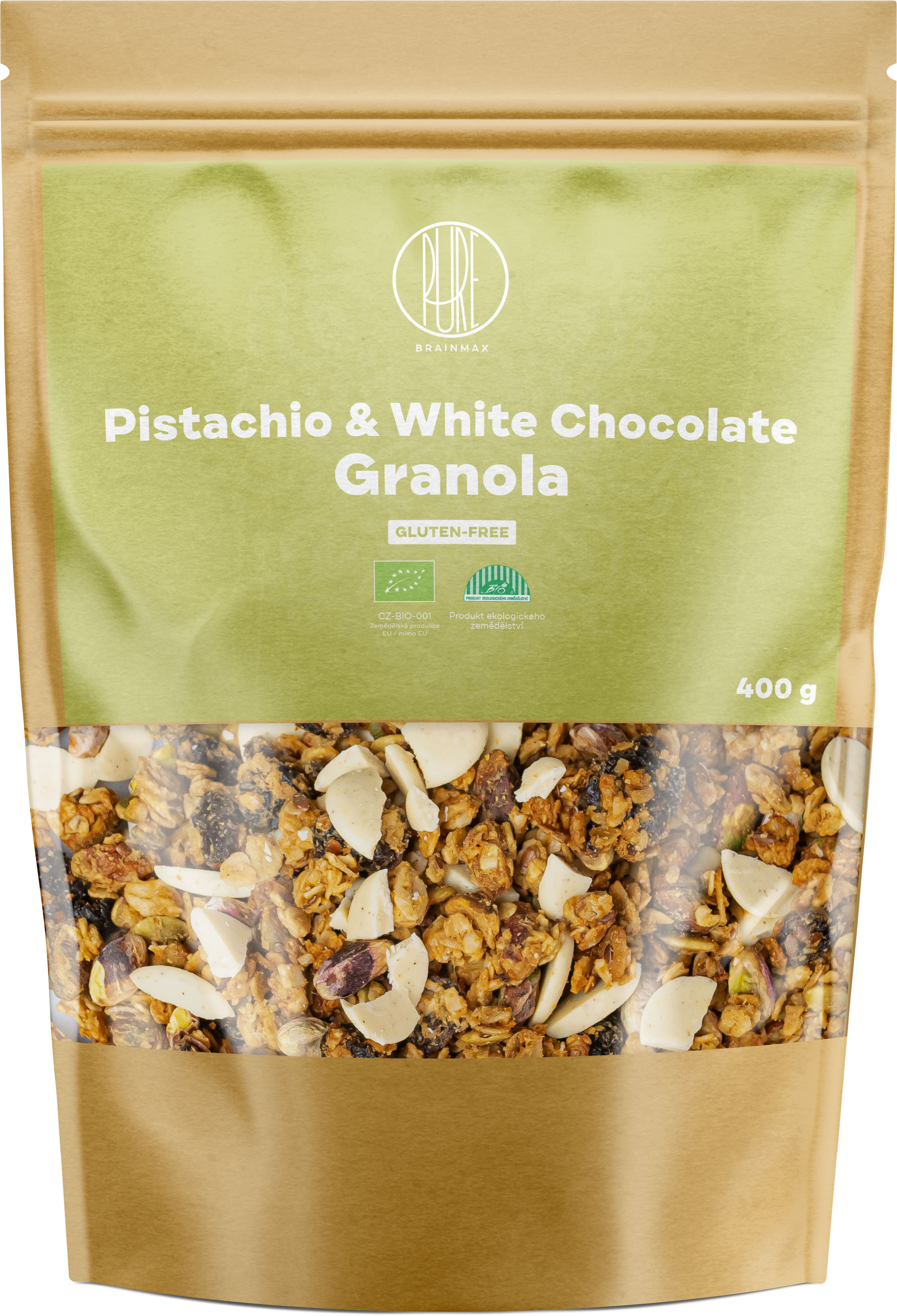 BrainMax Pure Pistachio & White Chocolate Granola, pistácie a bílá čokoláda, BIO, 400 g Obrázek