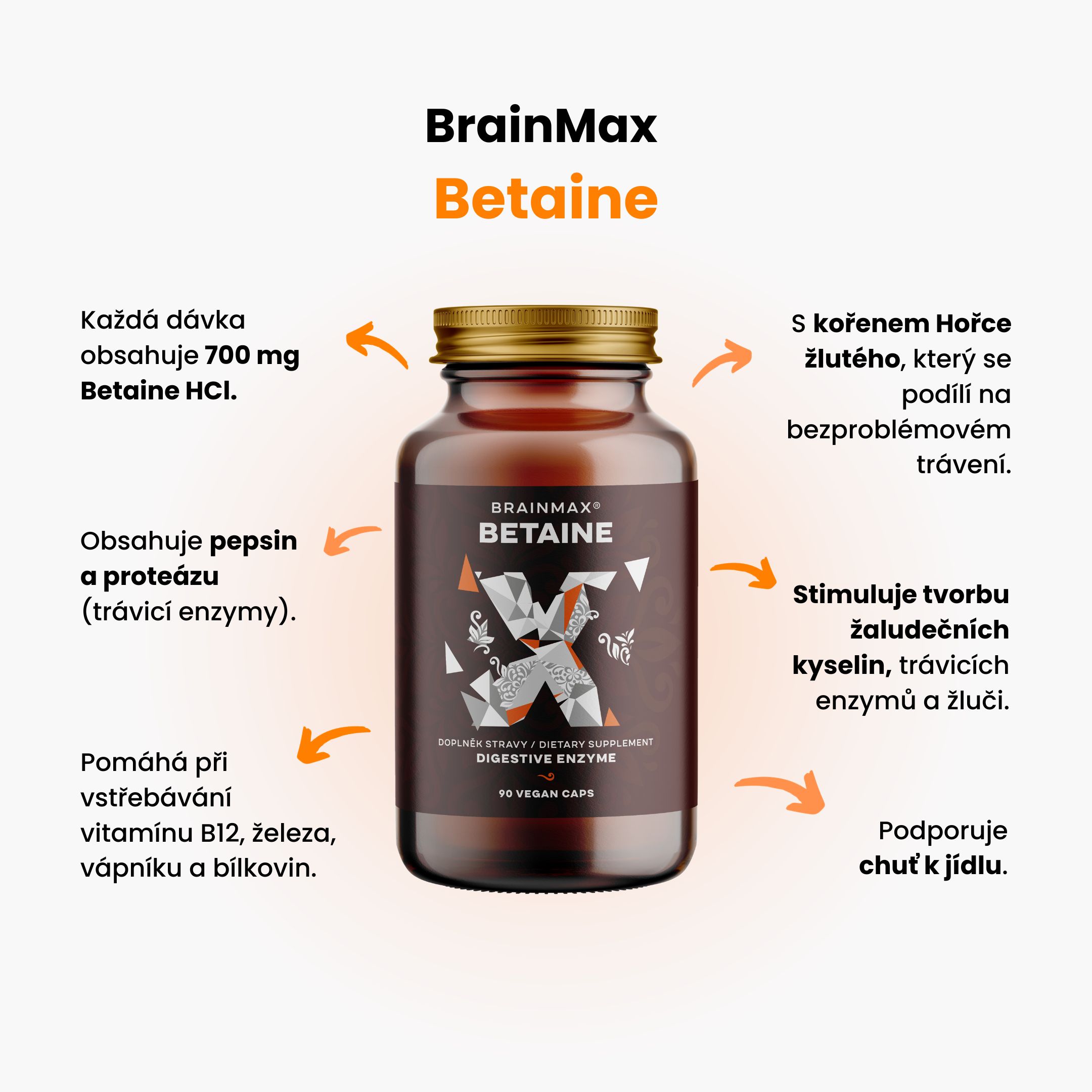 BrainMax Betaine HCl, Betain HCl a hořec žlutý, 700 mg, 90 kapslí Obrázek