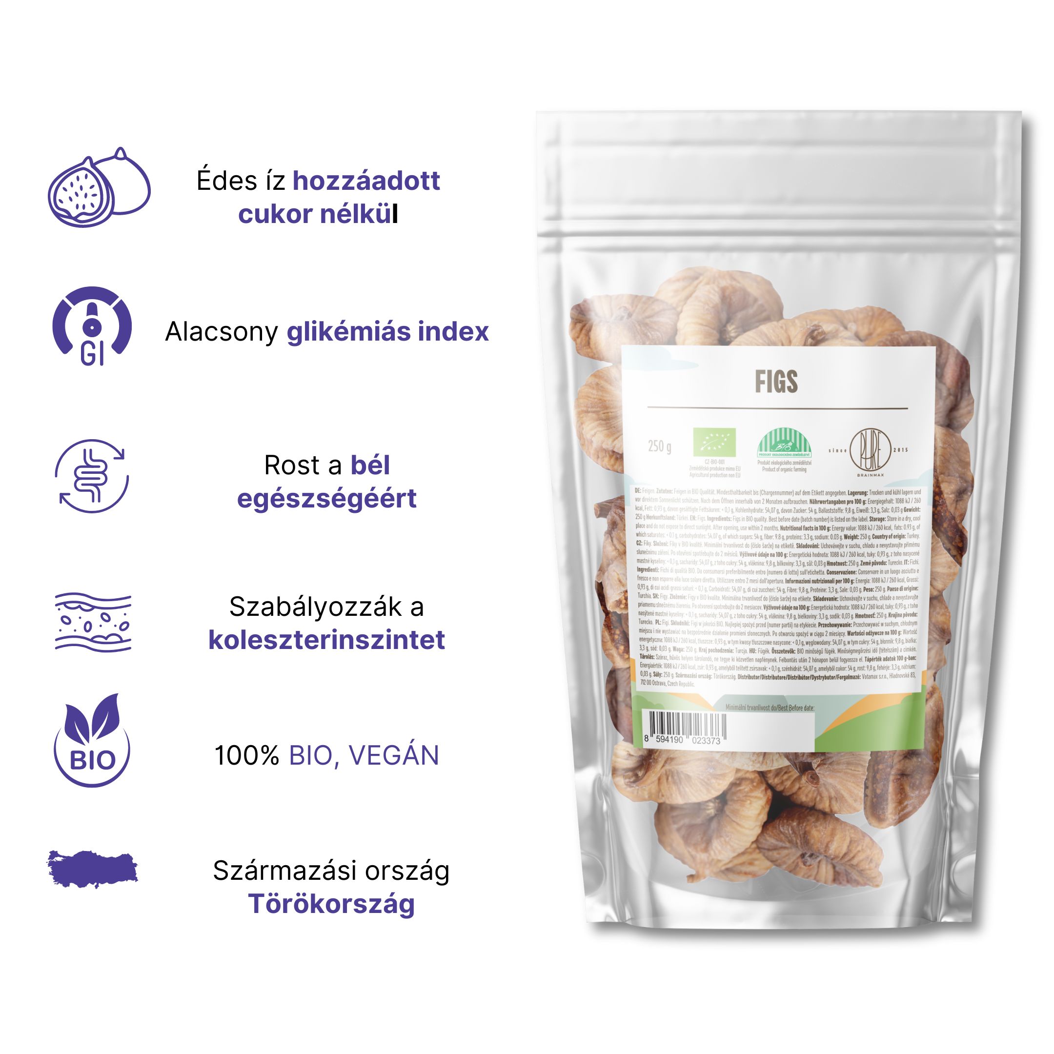 BrainMax Pure Fíky sušené - celé BIO, 250 g Obrázek