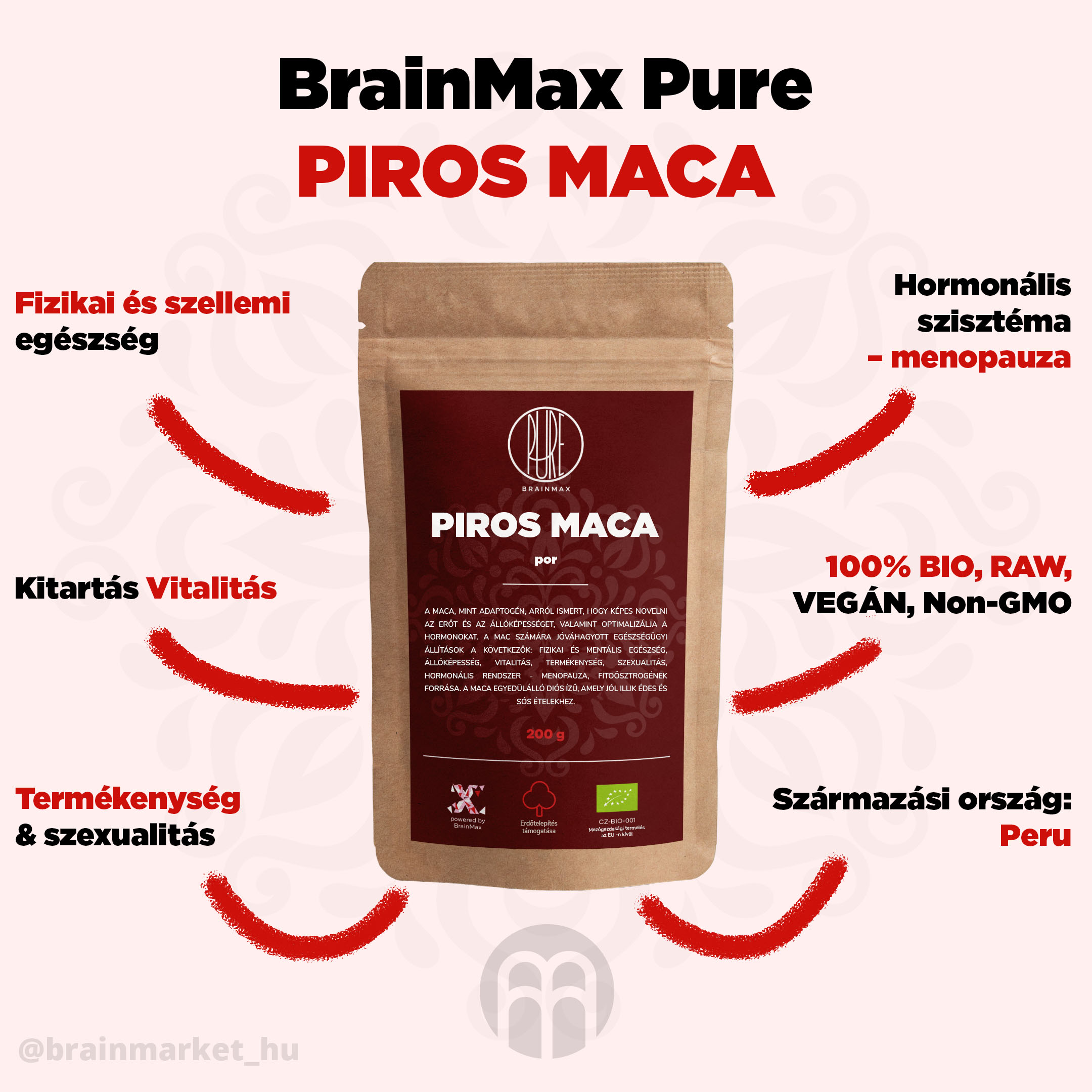 BrainMax Pure Maca červená BIO prášek, 200 g Obrázek