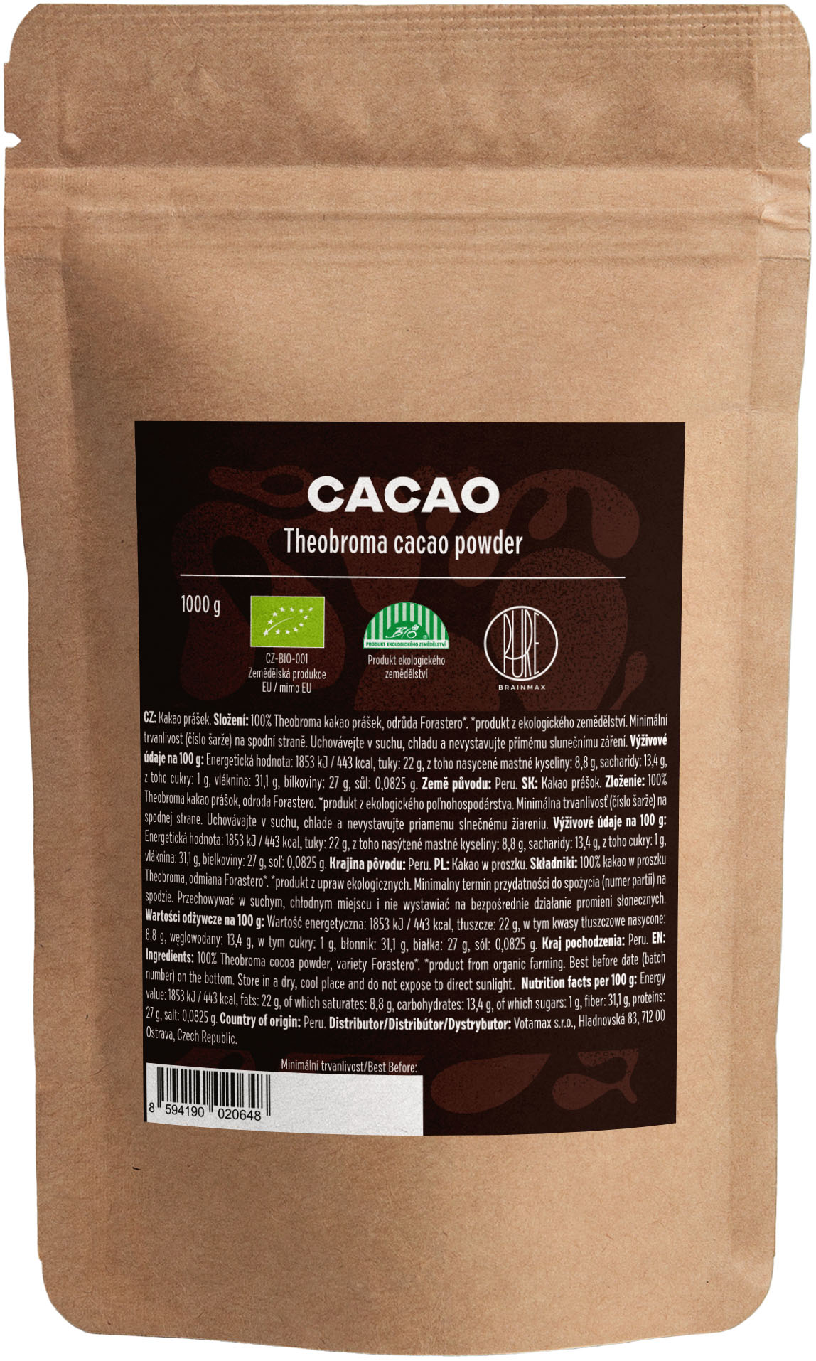 BrainMax Pure Cacao, Bio Kakao z Peru, 1000 g Obrázek