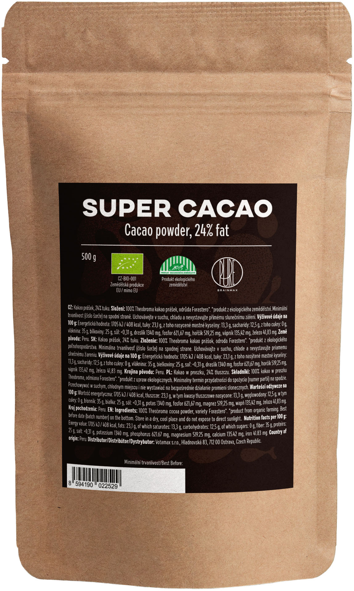 BrainMax Pure Organic 24 Super Cacao, BIO RAW kakao, 500g Obrázek