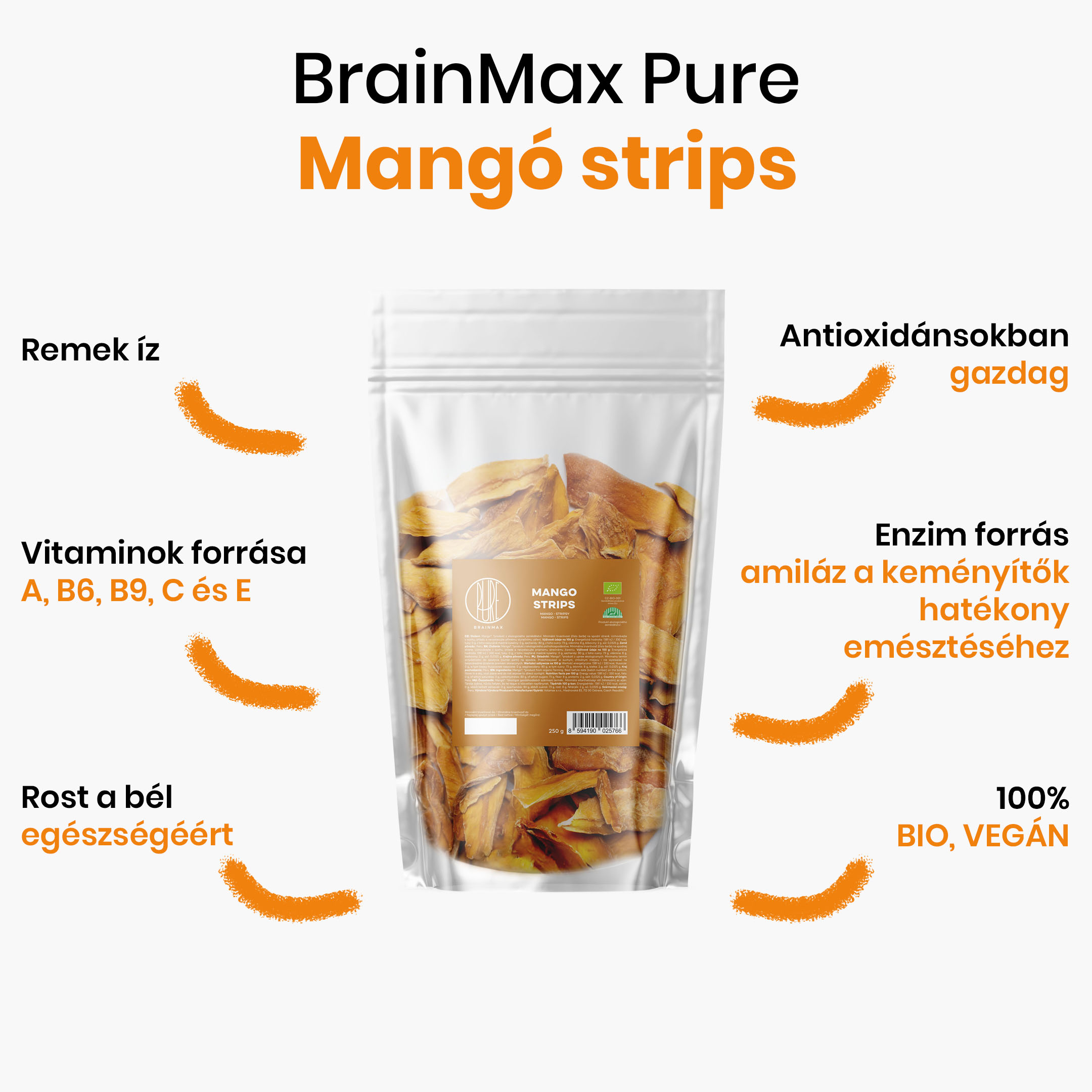BrainMax Pure Mango, BIO, stripsy 250 g Obrázek