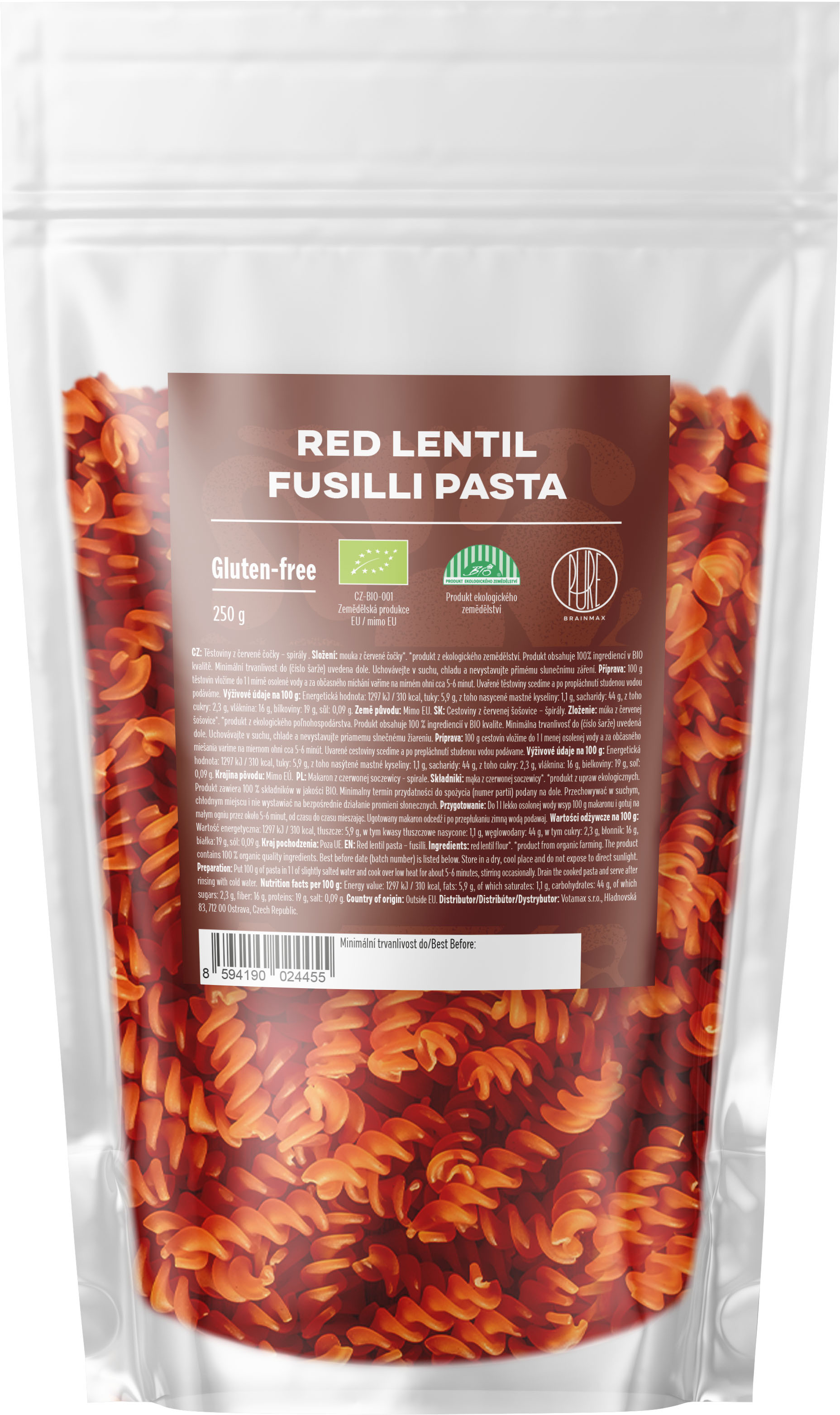 BrainMax Pure Proteinové těstoviny z červené čočky, spirály, BIO, 250 g Obrázek
