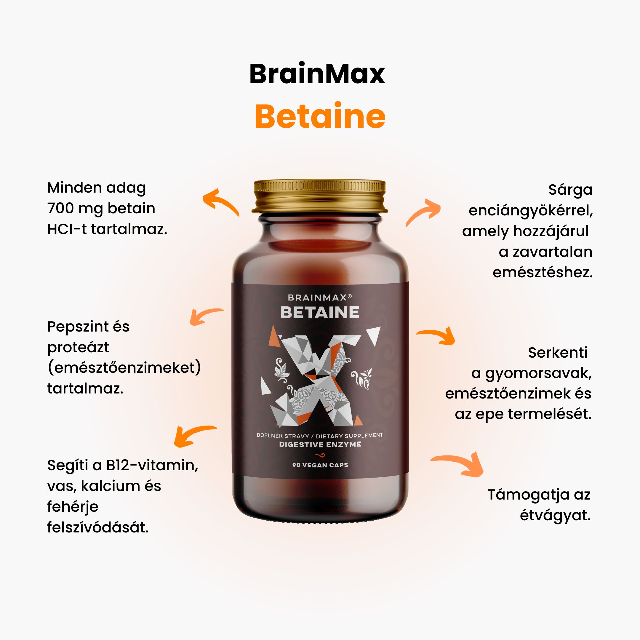 BrainMax Betaine HCl, Betain HCl a hořec žlutý, 700 mg, 90 kapslí Obrázek
