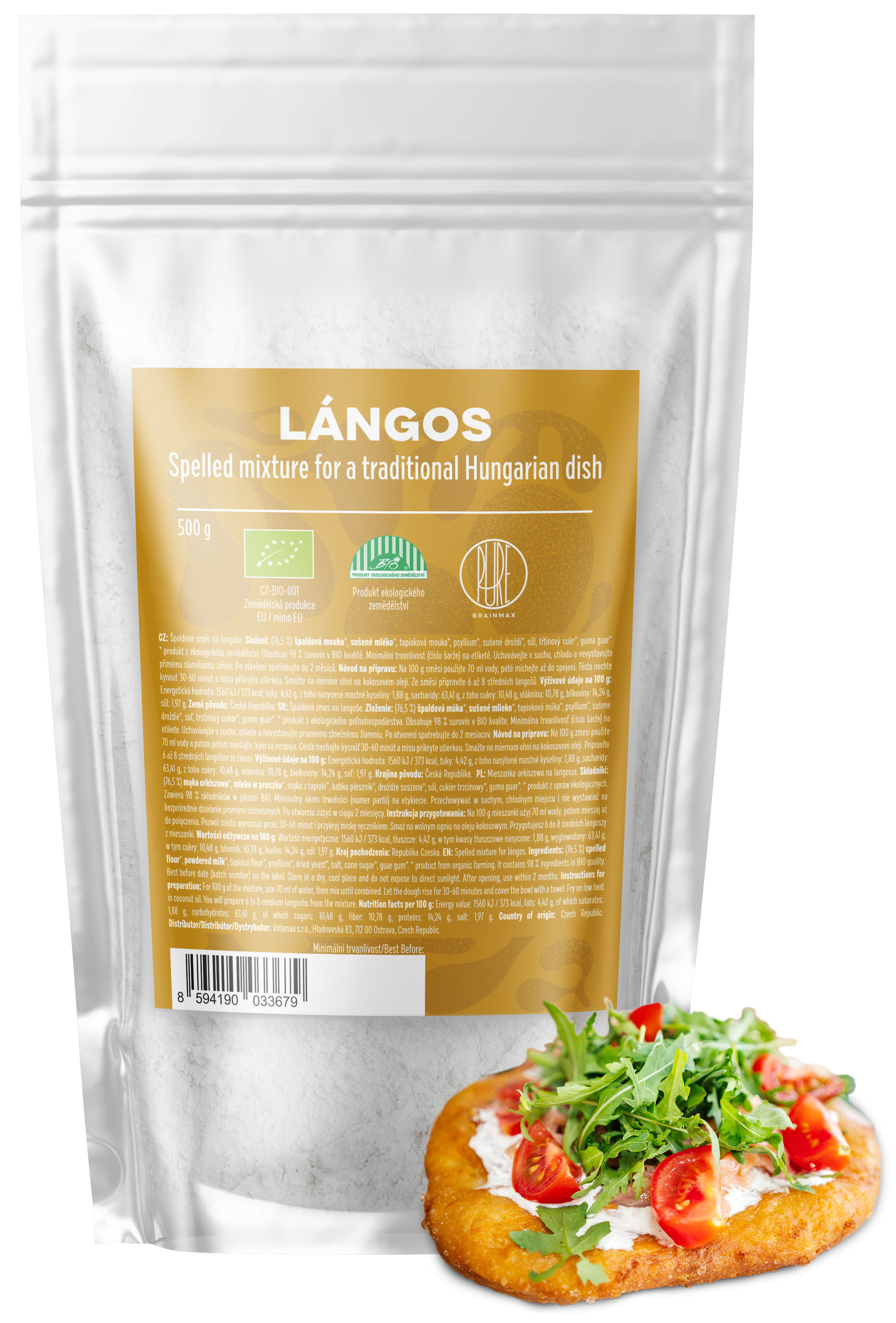 BrainMax Pure Špaldová směs na langoše BIO, 500 g Kép