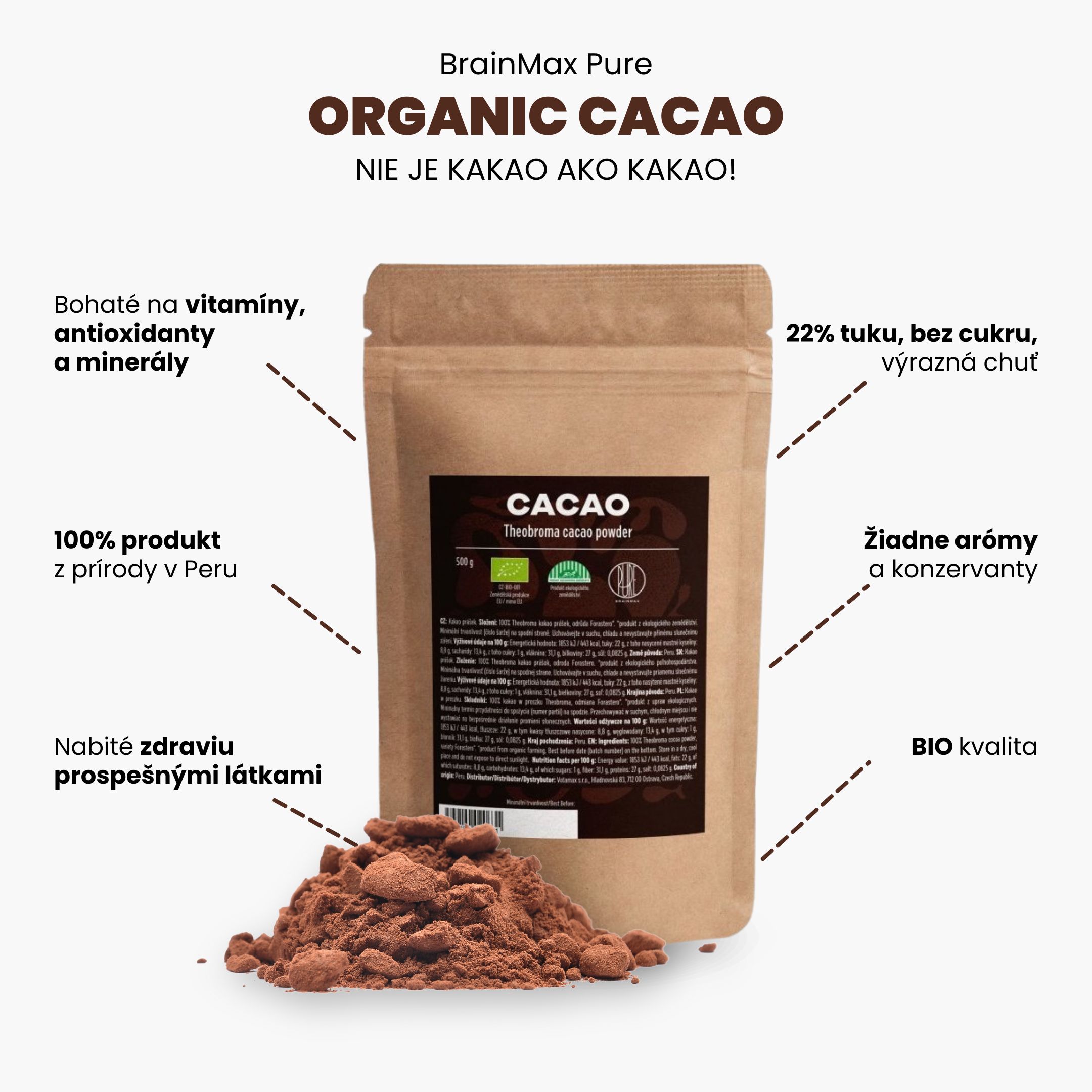 BrainMax Pure Cacao, Bio Kakao z Peru, 1000 g Obrázek
