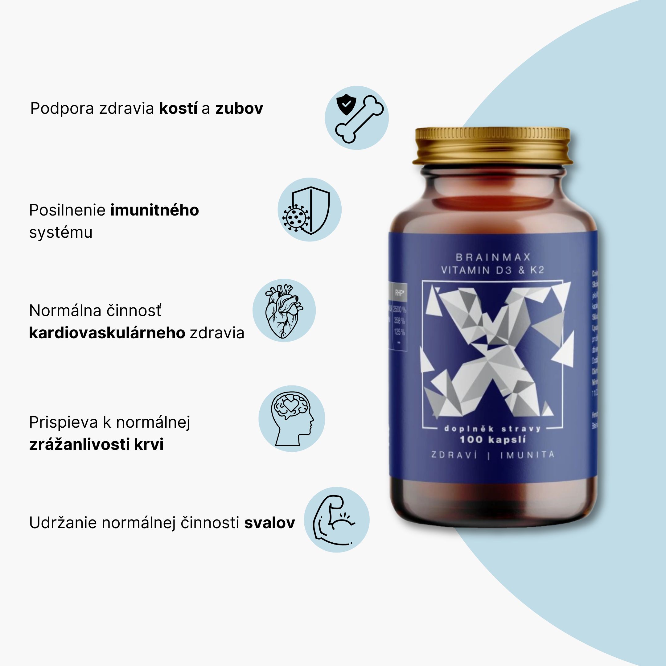 BrainMax Vitamin D3 & K2, D3 5000 IU / K2 jako MK7 150 mcg, 100 rostlinných kapslí Obrázek