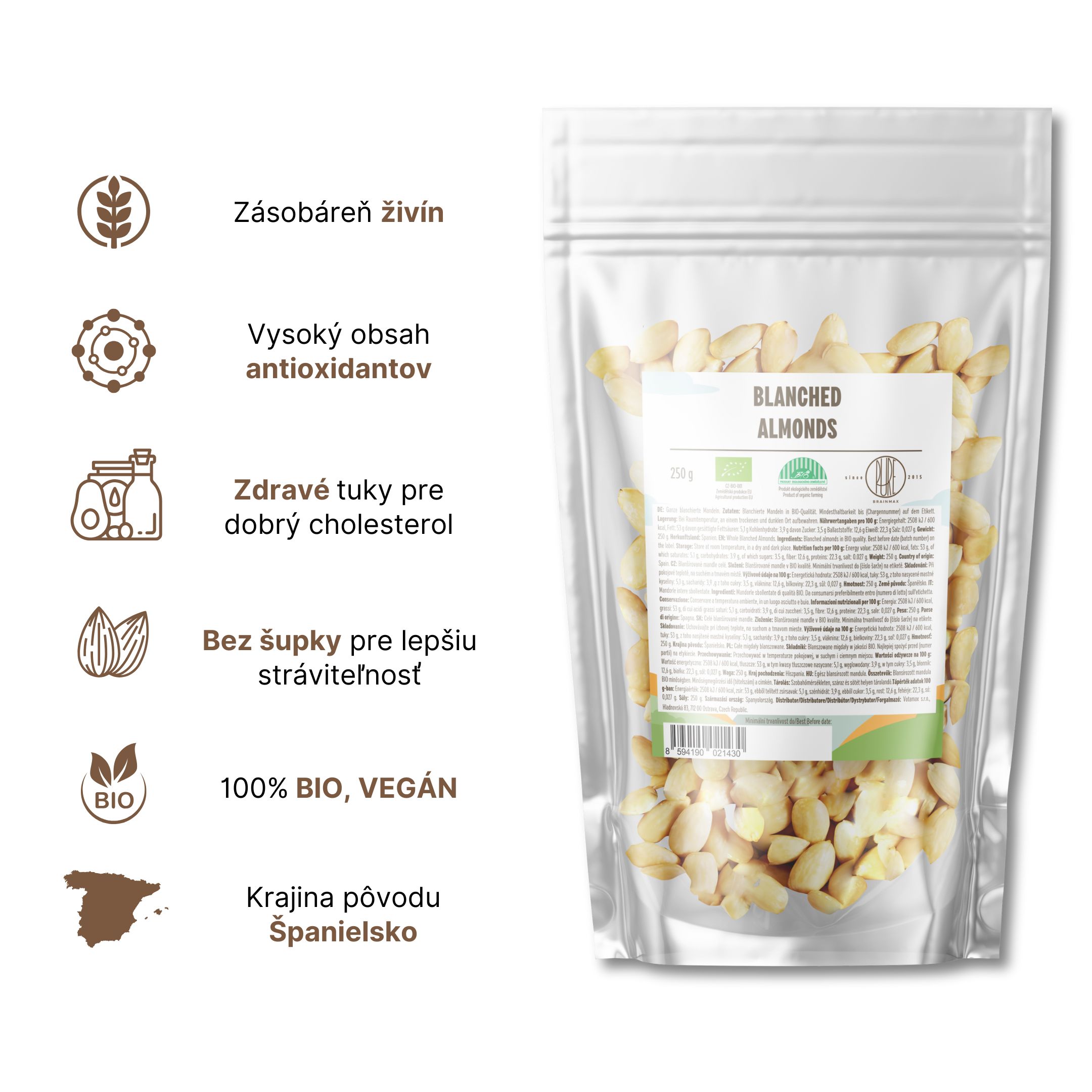 BrainMax Pure Mandle blanšírované BIO, 250 g Obrázek